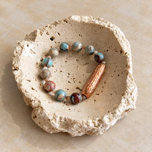 Blue Opal Agate & Moonstones with Copper Focal Bead Roll on Bracelet