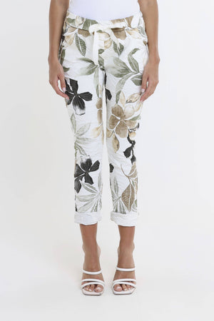 Collins Lily Leaf Stretch Tie Waist Pant | White