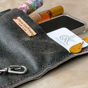Icon Leather Foldover Clutch-Black Grit w/ Dark Rainbow Stitch