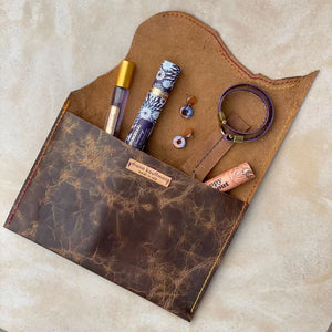 Legend Leather Foldover Clutch-Tawny Brown w/ flame ombre stitch