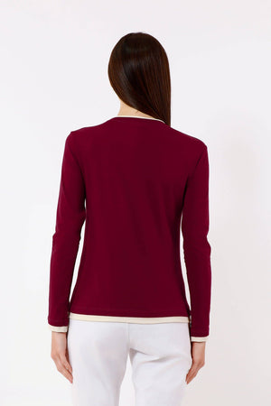 Odalis Long Sleeve Contrast Trim Tee (BLS161): 608C Wine/Ice / Size 1