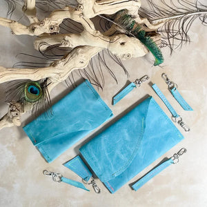 Legend Leather Foldover Clutch- Aqua w/Multi Stitch