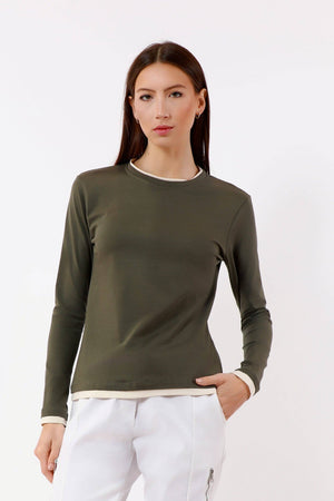 Odalis Long Sleeve Contrast Trim Tee (BLS161): 303I Army/Ivory / Size 1