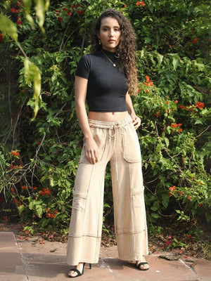 Wide-Leg Utility Pants – Sand Cotton Twill with Patch Pockets: Sand / 1X