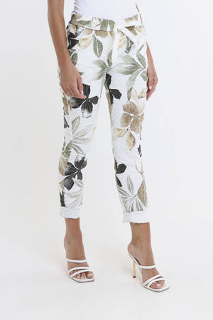 Collins Lily Leaf Stretch Tie Waist Pant | White