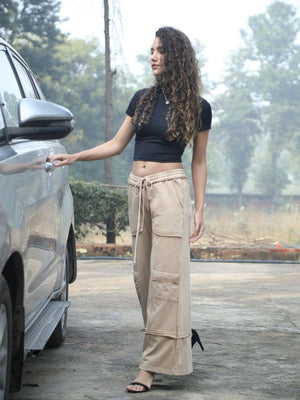 Wide-Leg Utility Pants – Sand Cotton Twill with Patch Pockets: Sand / 1X