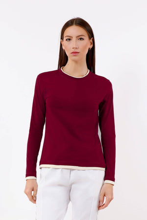 Odalis Long Sleeve Contrast Trim Tee (BLS161): 608C Wine/Ice / Size 2