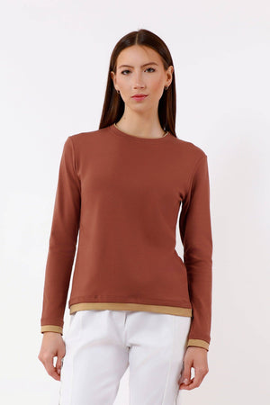 Odalis Long Sleeve Contrast Trim Tee (BLS161): 249B Tobacco/Caramel / Size 3