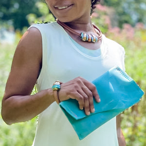 Legend Leather Foldover Clutch- Aqua w/Multi Stitch