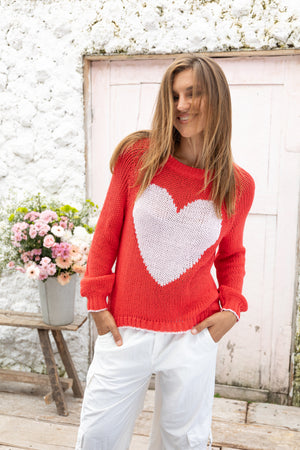 Wooden Ships Ava Raglan Heart Lightweight Knit Sweater Apple Red | Light Pink
