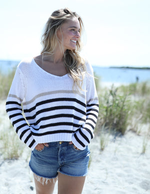 Wooden Ships Kate Striped V-Neck Lightweight Sweater