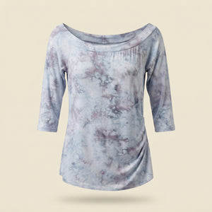 Val Top in Whisper, a soft lavender watercolor wash bamboo blend top with bardot neckline and 3/4 length sleeve