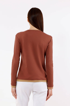 Odalis Long Sleeve Contrast Trim Tee (BLS161): 249B Tobacco/Caramel / Size 1