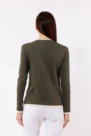 Odalis Long Sleeve Contrast Trim Tee (BLS161): 303I Army/Ivory / Size 1