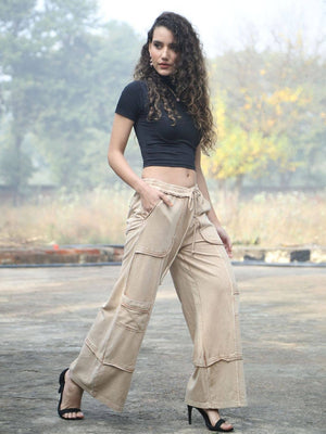 Wide-Leg Utility Pants – Sand Cotton Twill with Patch Pockets: Sand / 1X