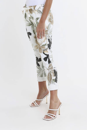Collins Lily Leaf Stretch Tie Waist Pant | White