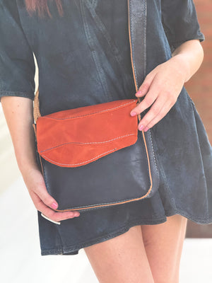 Free Spirit "midi x" Leather Bag | Navy/Orange/Natural w/Denim Ombre Stiching No. 2